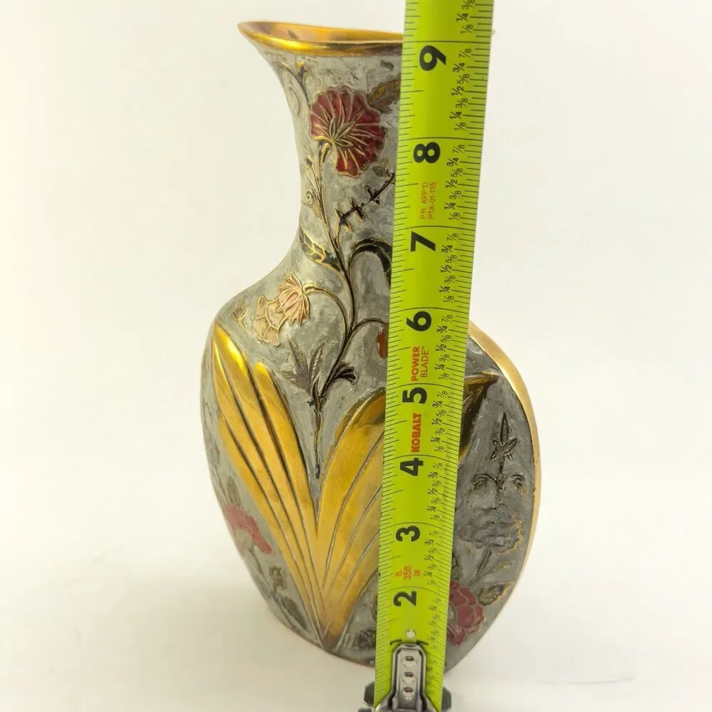 Vintage Enamel Floral Brass Vase Art Nouveau Style Gold 9”